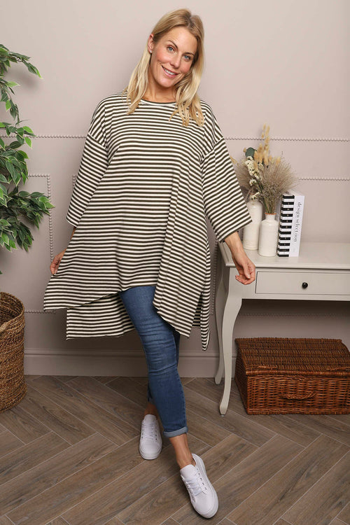 Darby Stripe Dipped Hem Cotton Top Khaki - Image 2