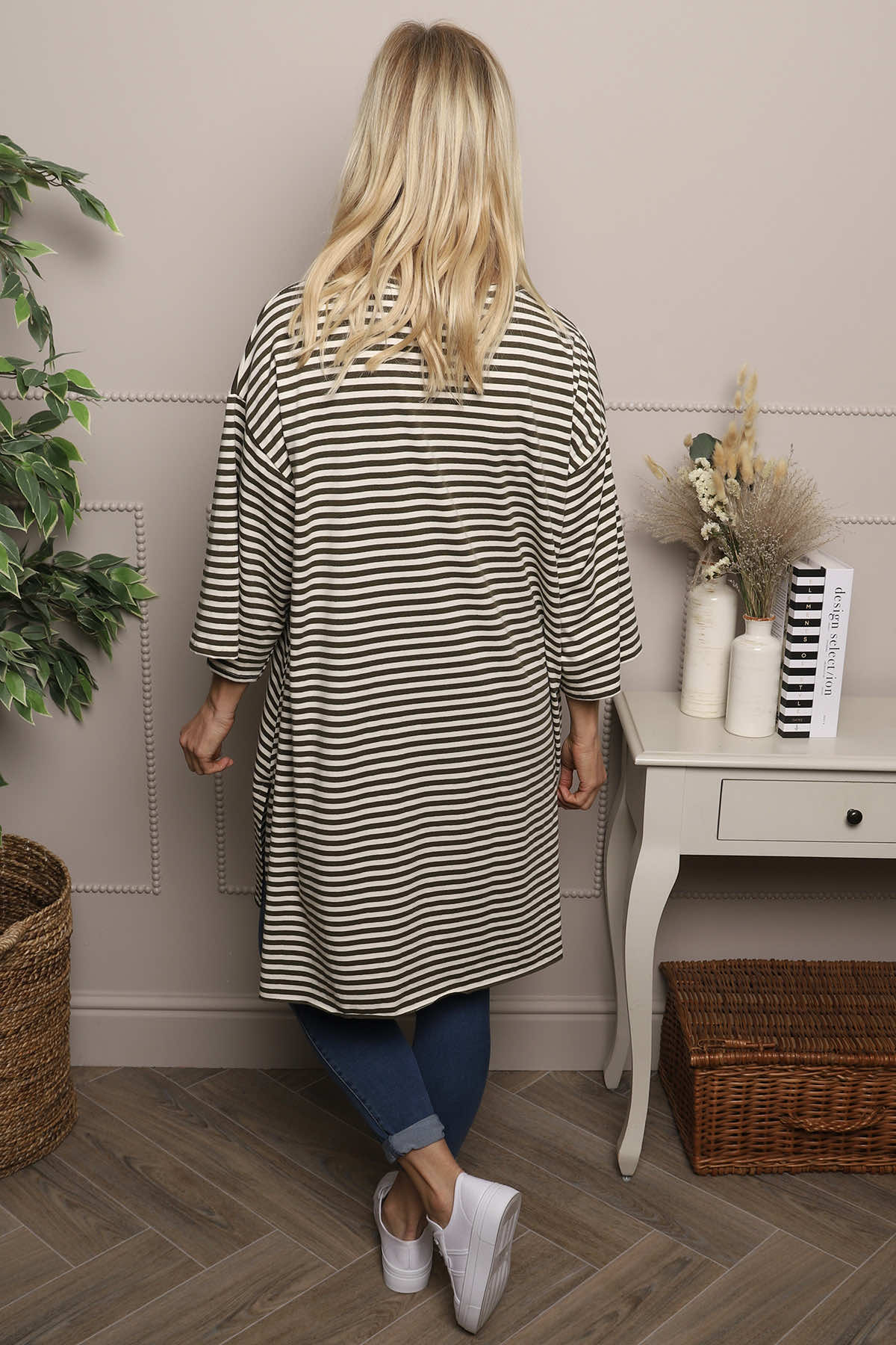Darby Stripe Dipped Hem Cotton Top Khaki