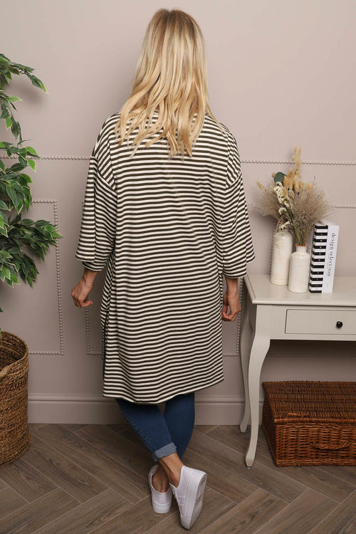 Darby Stripe Dipped Hem Cotton Top Khaki - Image 4