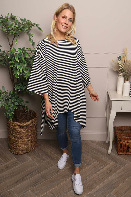 Darby Stripe Dipped Hem Cotton Top Navy - Image 2