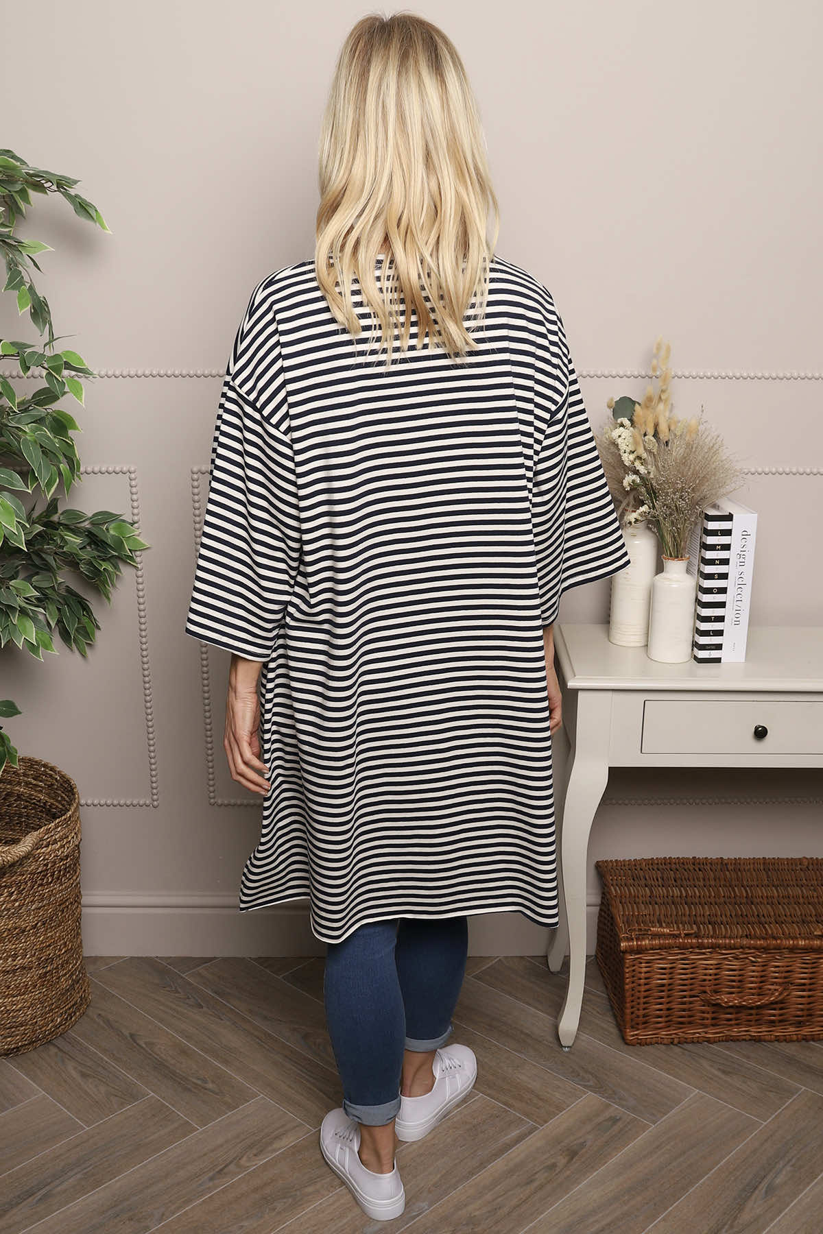 Darby Stripe Dipped Hem Cotton Top Navy