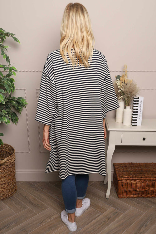 Darby Stripe Dipped Hem Cotton Top Navy - Image 3
