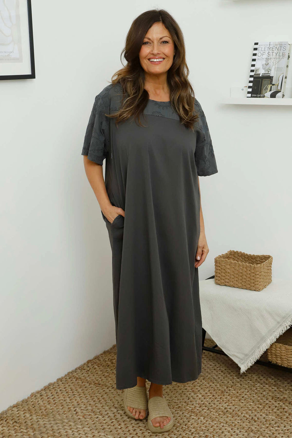 Raven Embroidered Shoulder Cotton Dress Charcoal
