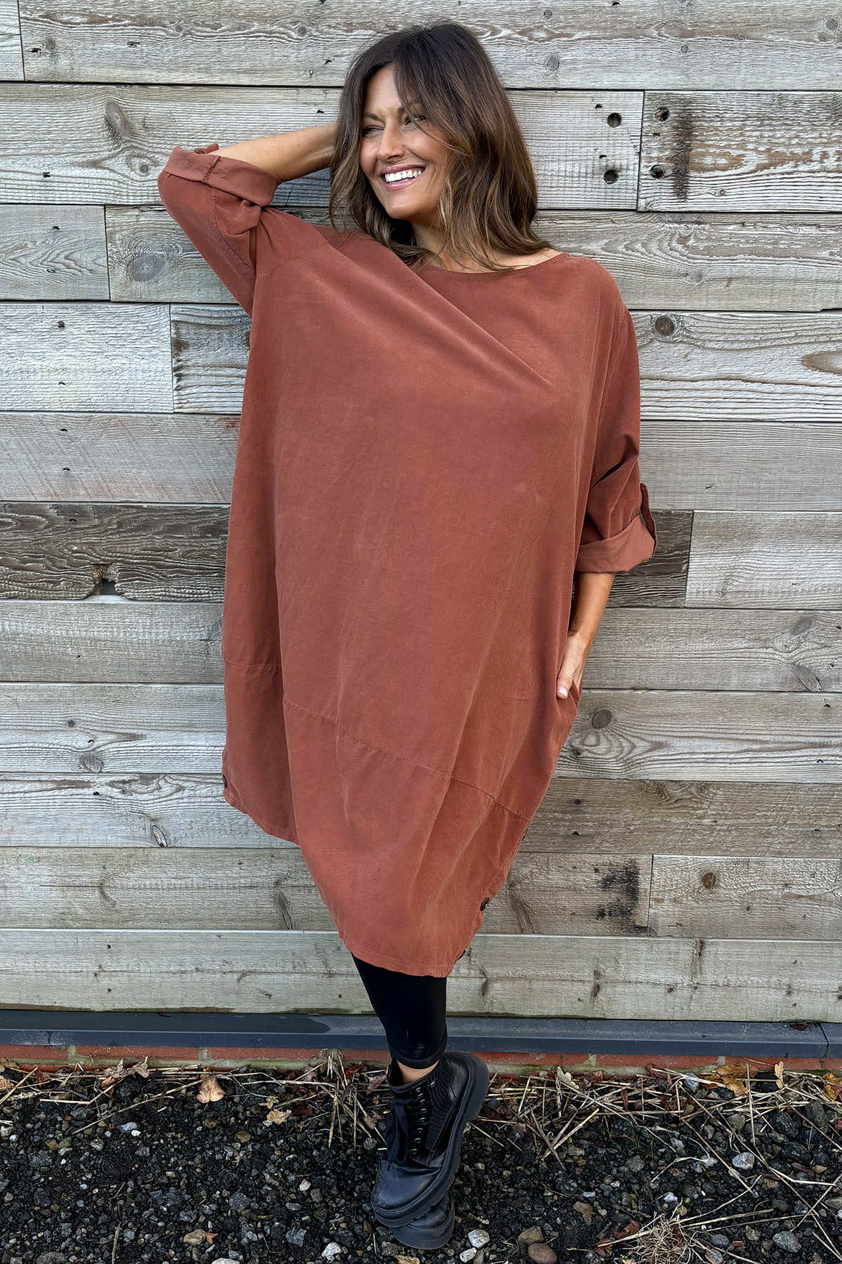 Deborah Needlecord Dress Burnt Orange