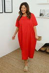 Raven Embroidered Shoulder Cotton Dress Red