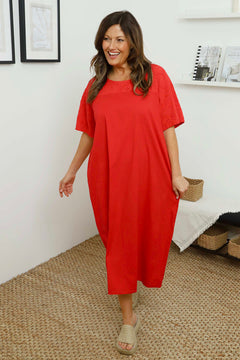 Raven Embroidered Shoulder Cotton Dress Red