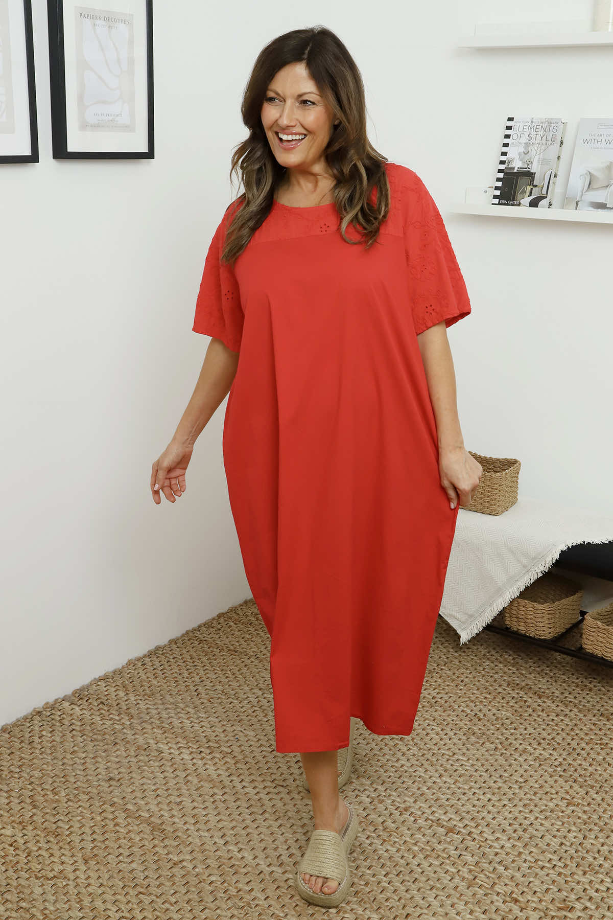 Raven Embroidered Shoulder Cotton Dress Red
