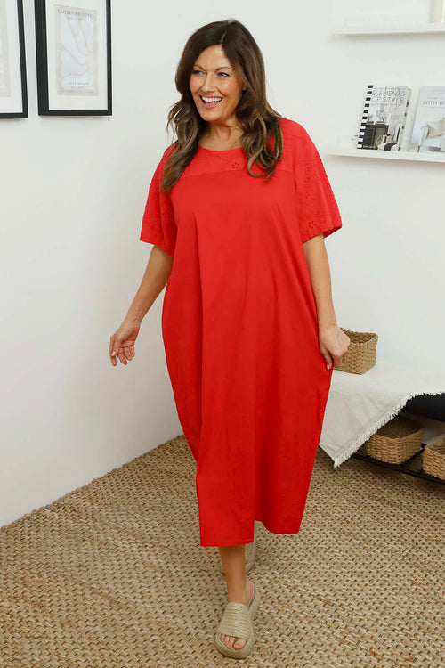 Raven Embroidered Shoulder Cotton Dress Red - Image 1