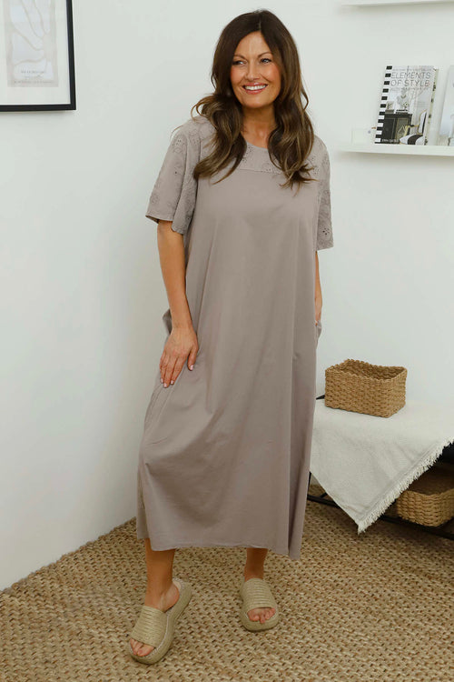 Raven Embroidered Shoulder Cotton Dress Mocha - Image 2
