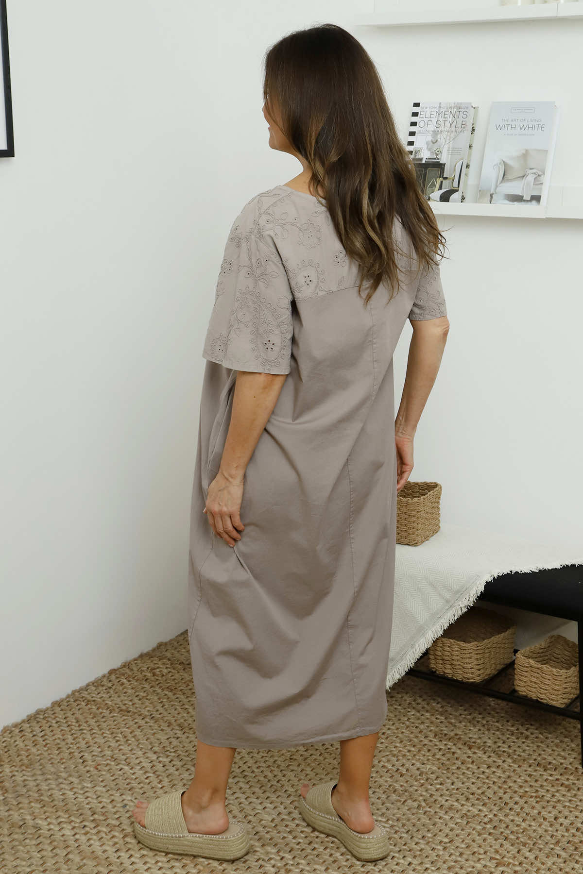 Raven Embroidered Shoulder Cotton Dress Mocha