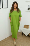Raven Embroidered Shoulder Cotton Dress Olive