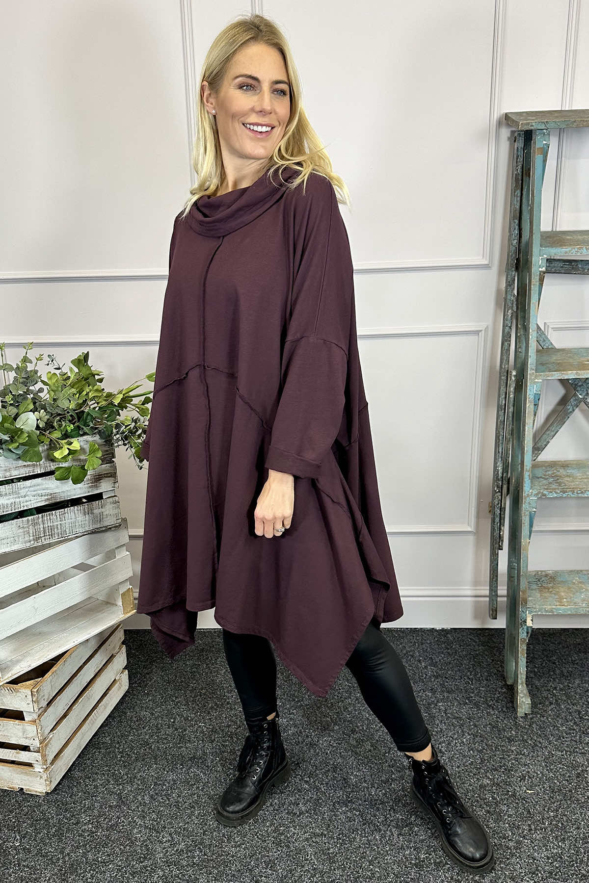 Willow Cowl Neck Cotton Dress Burgundy