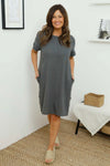 Joyce Button Linen Dress Mid Grey