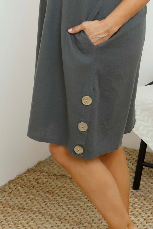 Joyce Button Linen Dress Mid Grey - Image 3