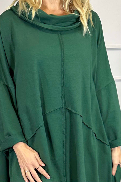 Willow Cowl Neck Cotton Dress Bottle Green - Image 3