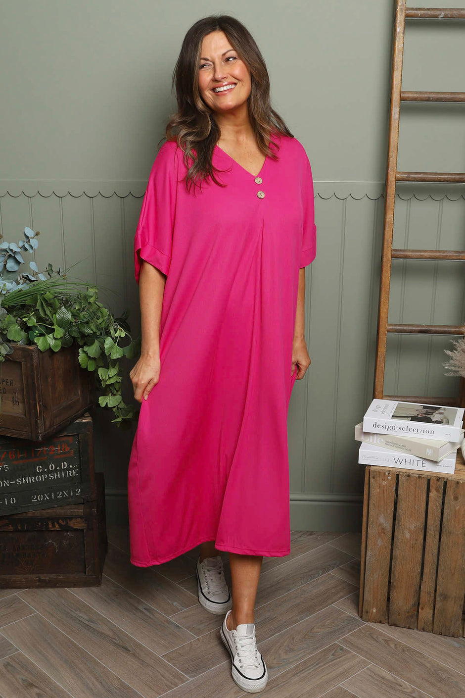 Frieda V-Neck Ribbed Dress Fuchsia