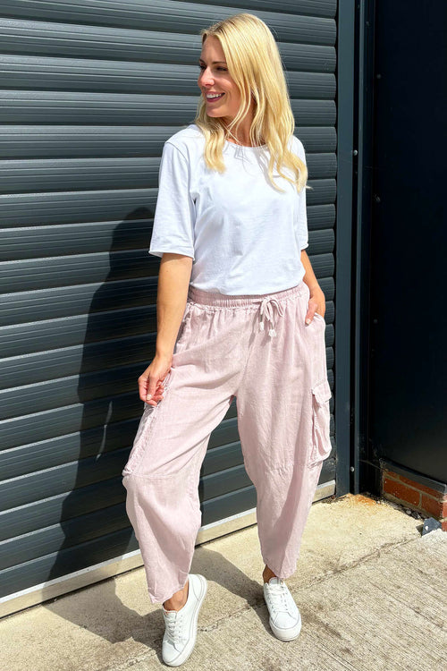 Eva Washed Cargo Linen Trousers Pink - Image 1