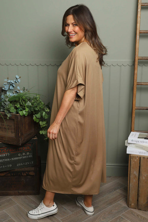 Frieda V-Neck Ribbed Dress Camel - Image 4