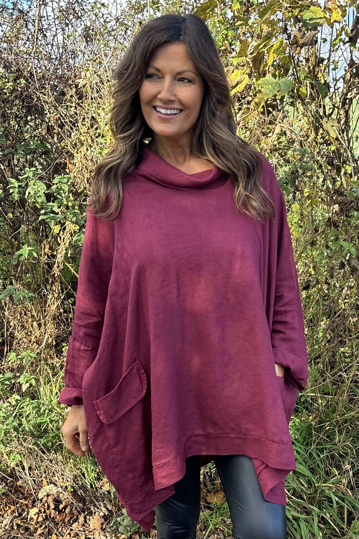 Katia Cowl Neck Linen Top Wine