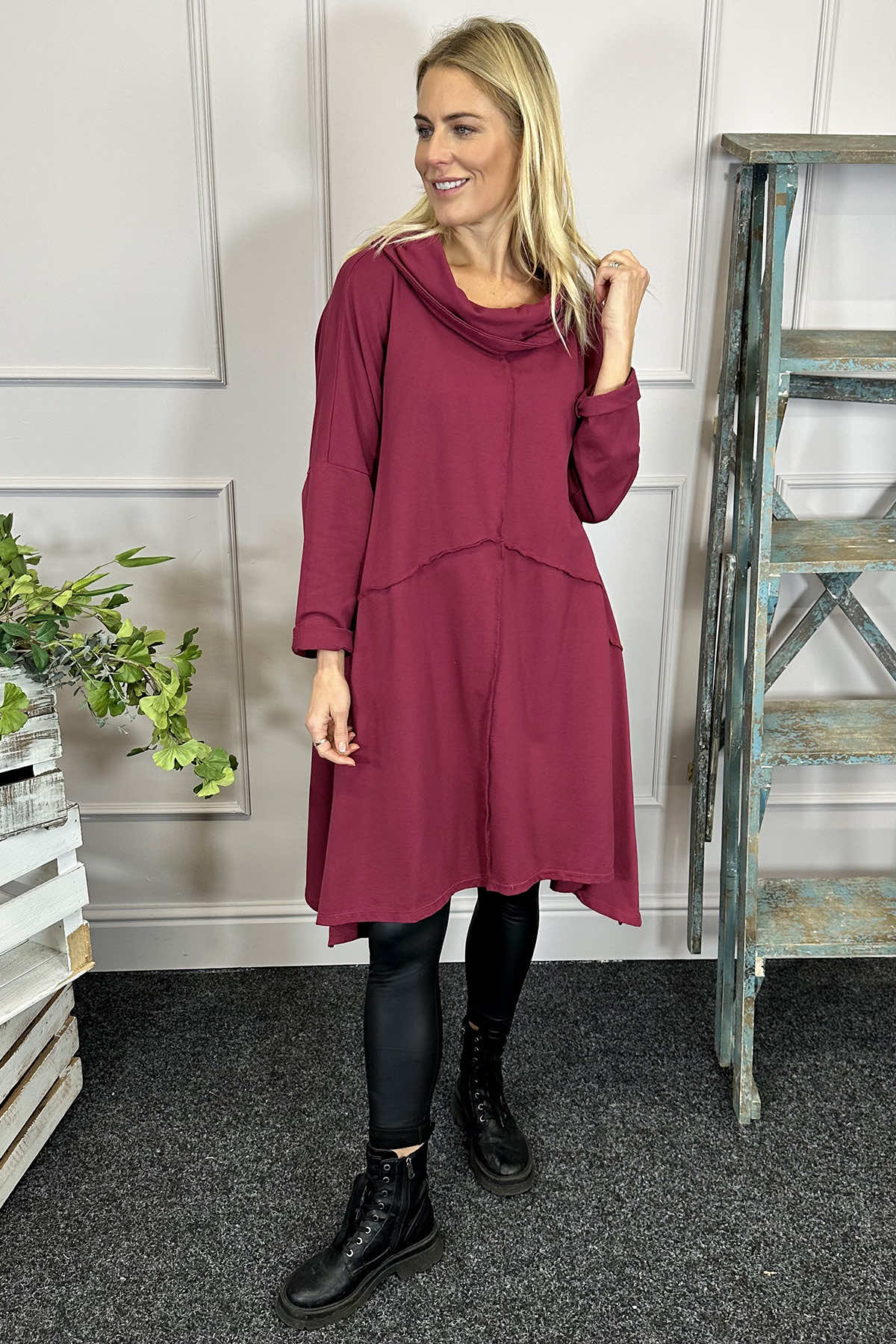 Willow Cowl Neck Cotton Dress Wine