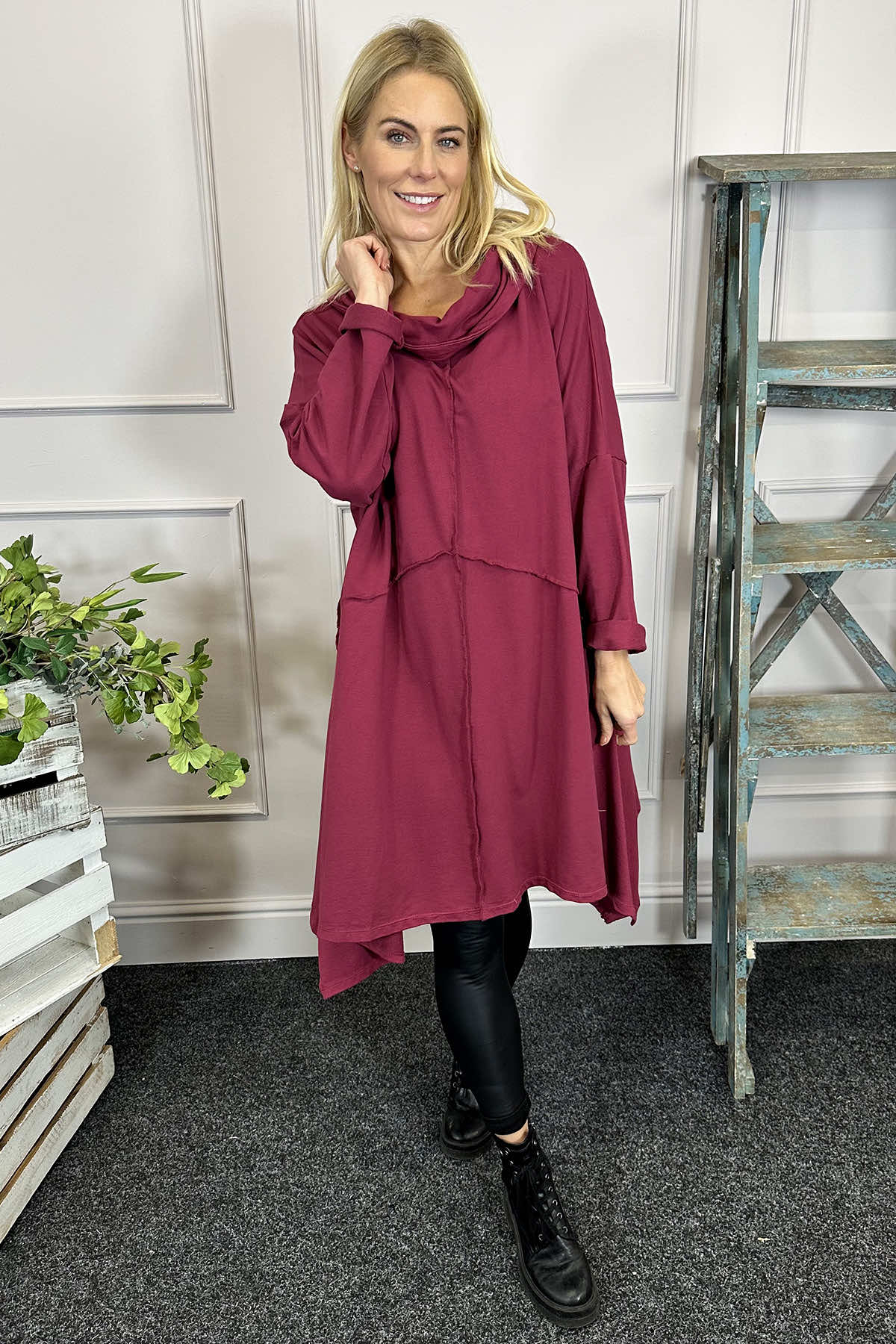 Willow Cowl Neck Cotton Dress Wine