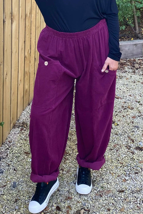 Clarisse Button Pocket Cord Trousers Wine - Image 3