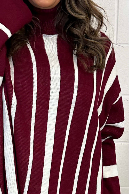 Kenzie Stripe Polo Knitted Jumper Wine - Image 3