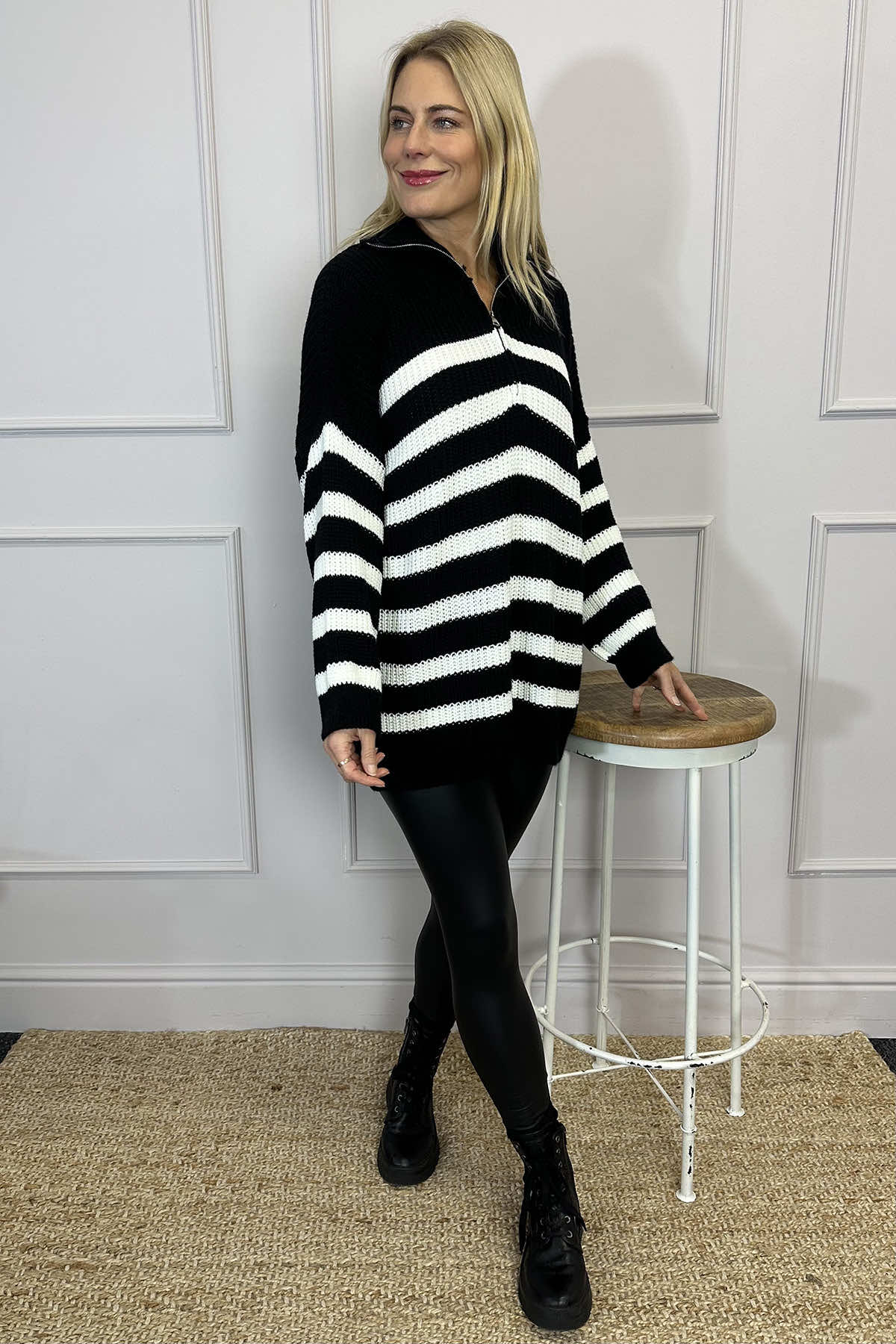 Elsa Stripe Quarter Zip Knitted Jumper Black