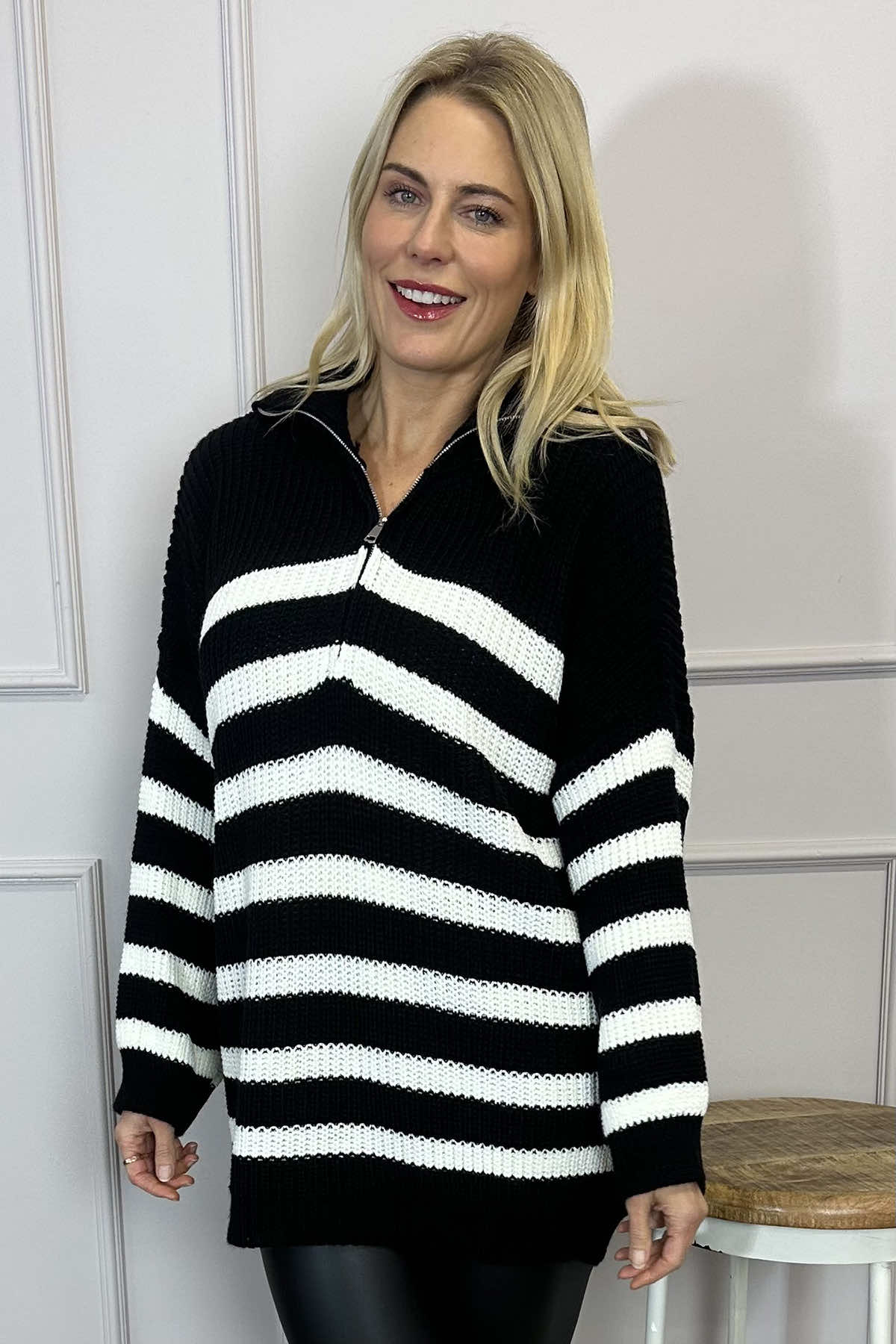 Elsa Stripe Quarter Zip Knitted Jumper Black