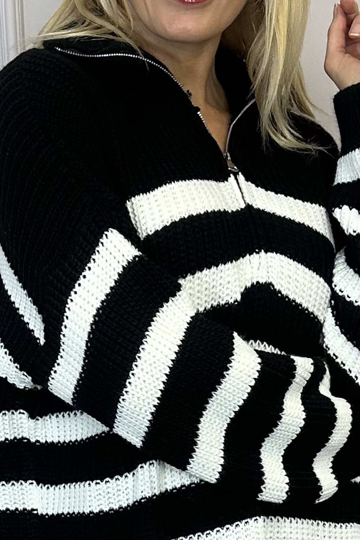 Elsa Stripe Quarter Zip Knitted Jumper Black