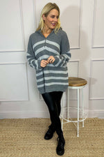 Elsa Stripe Quarter Zip Knitted Jumper Grey Grey - Elsa Stripe Quarter Zip Knitted Jumper Grey