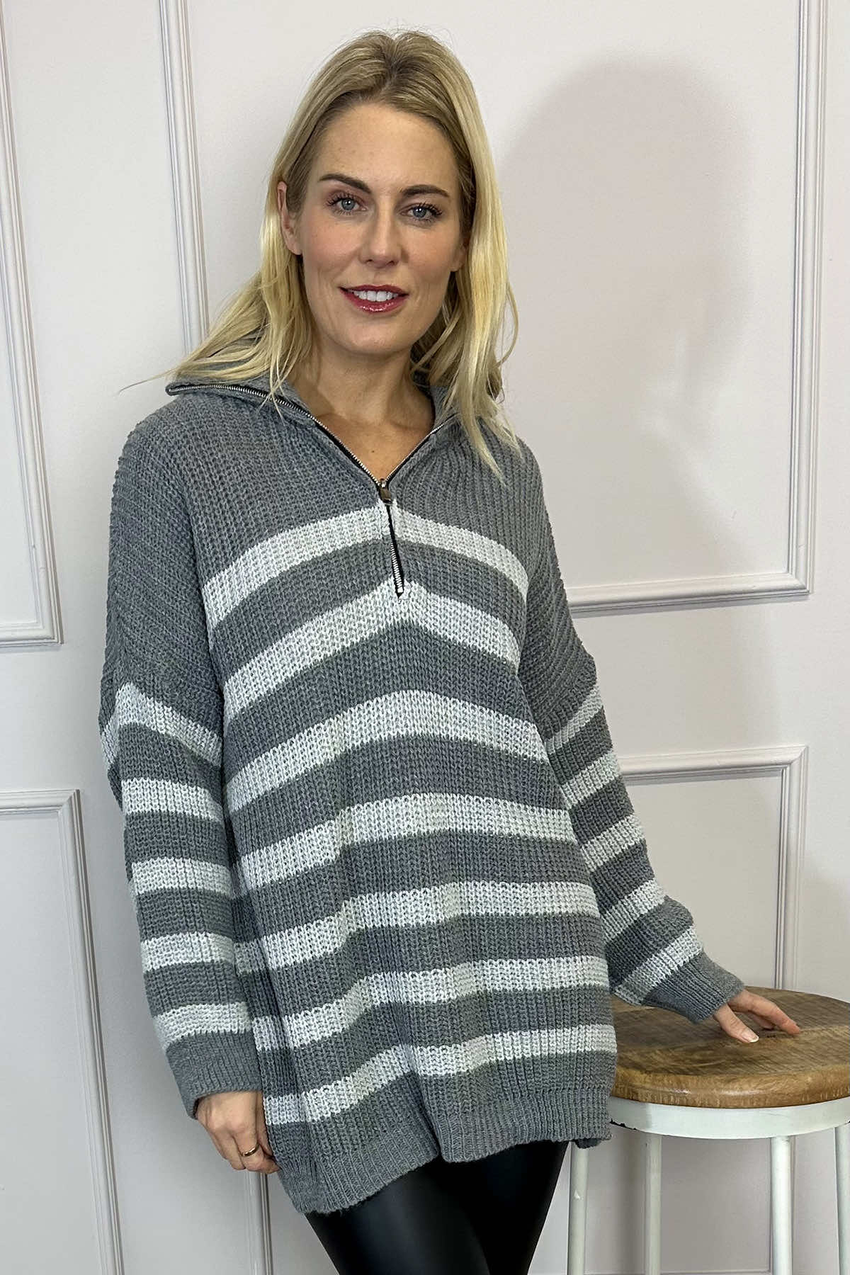 Elsa Stripe Quarter Zip Knitted Jumper Grey