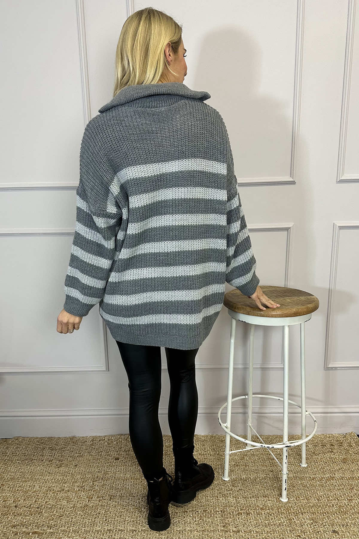 Elsa Stripe Quarter Zip Knitted Jumper Grey