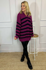 Elsa Stripe Quarter Zip Knitted Jumper Berry Berry - Elsa Stripe Quarter Zip Knitted Jumper Berry