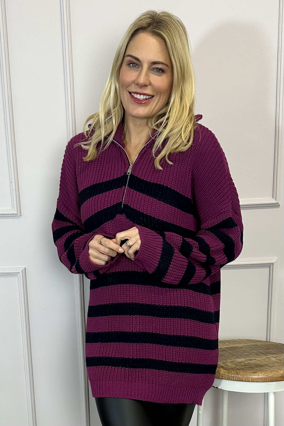 Elsa Stripe Quarter Zip Knitted Jumper Berry