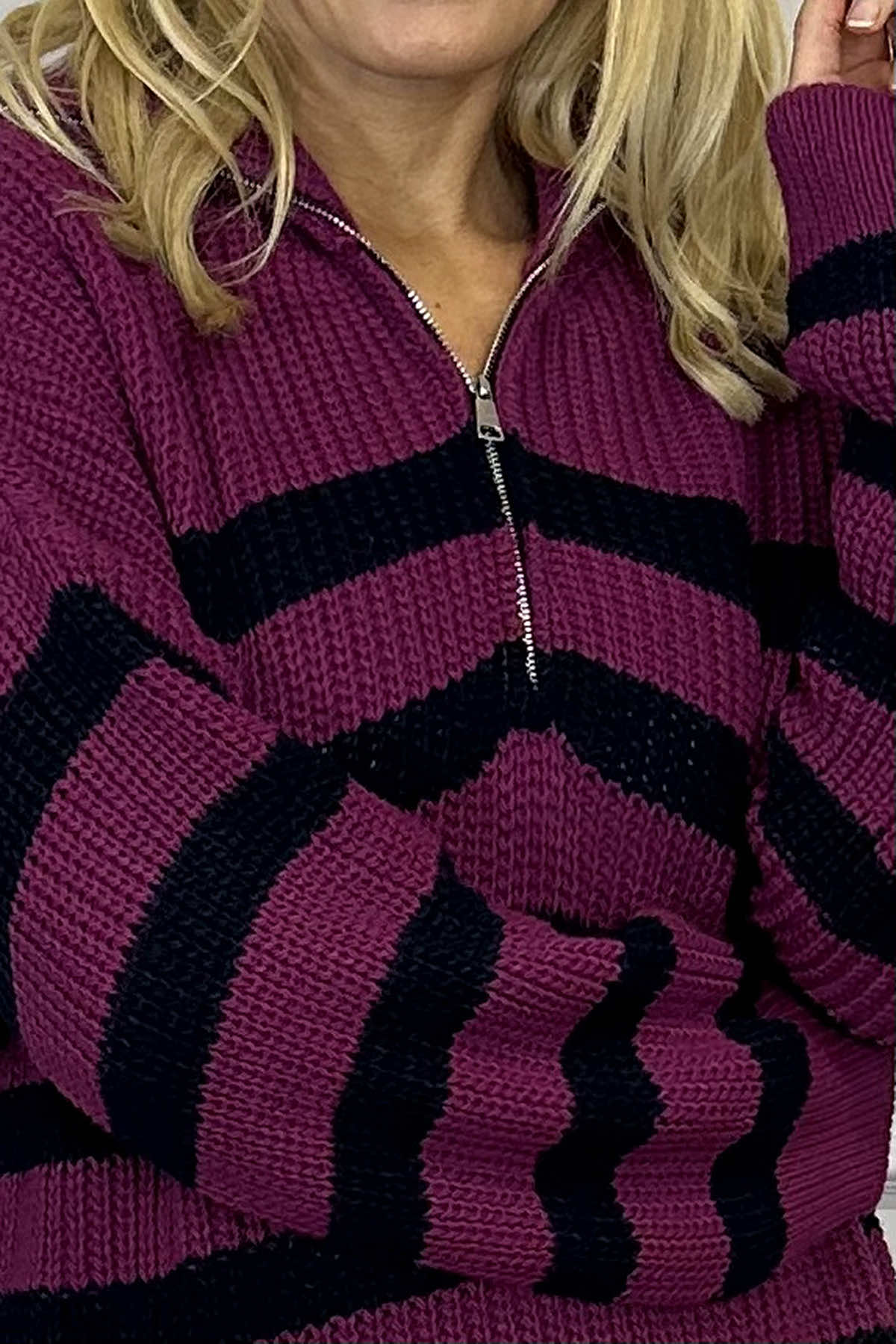 Elsa Stripe Quarter Zip Knitted Jumper Berry