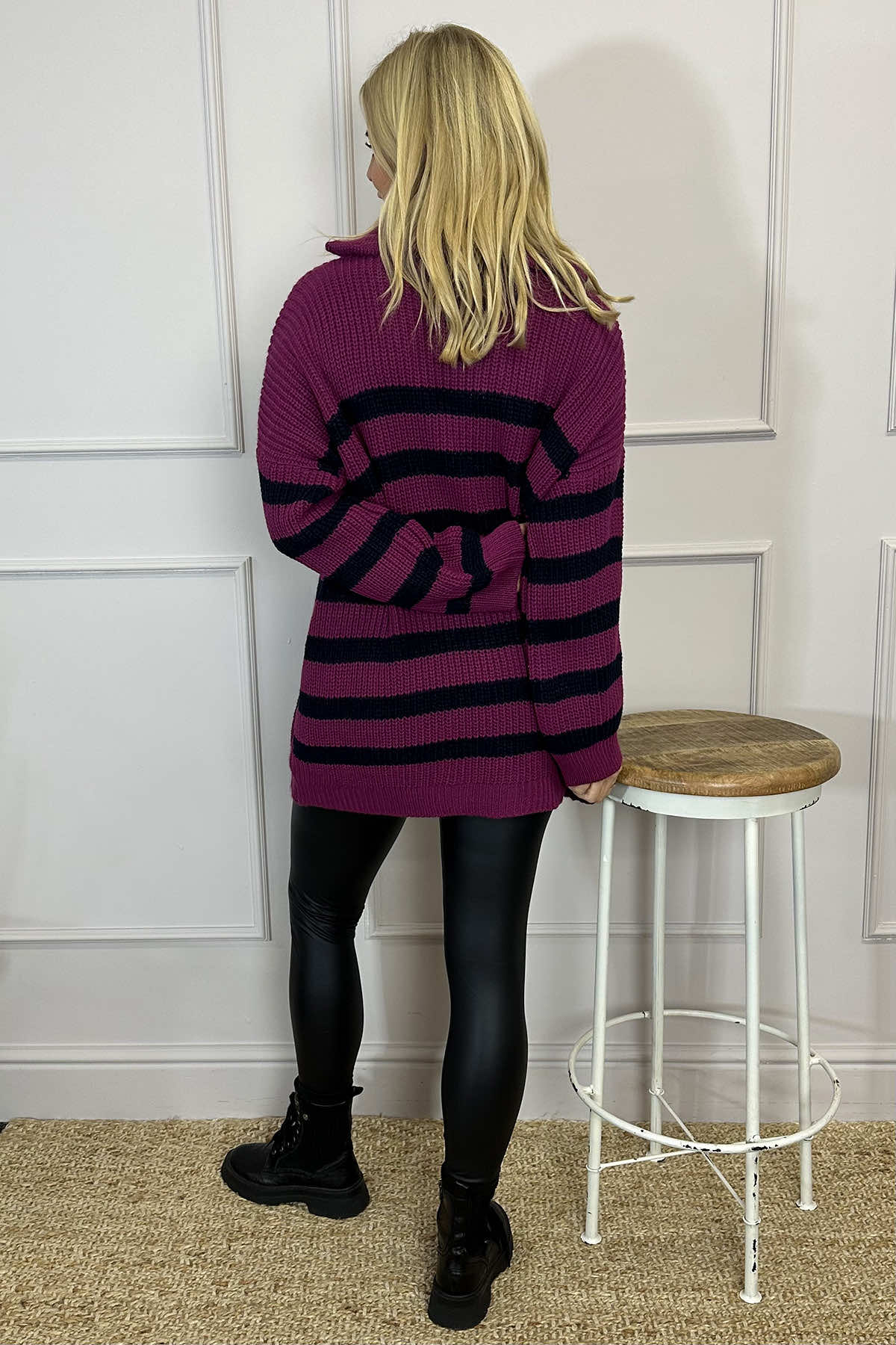 Elsa Stripe Quarter Zip Knitted Jumper Berry