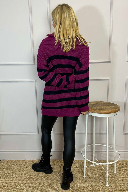 Elsa Stripe Quarter Zip Knitted Jumper Berry - Image 4