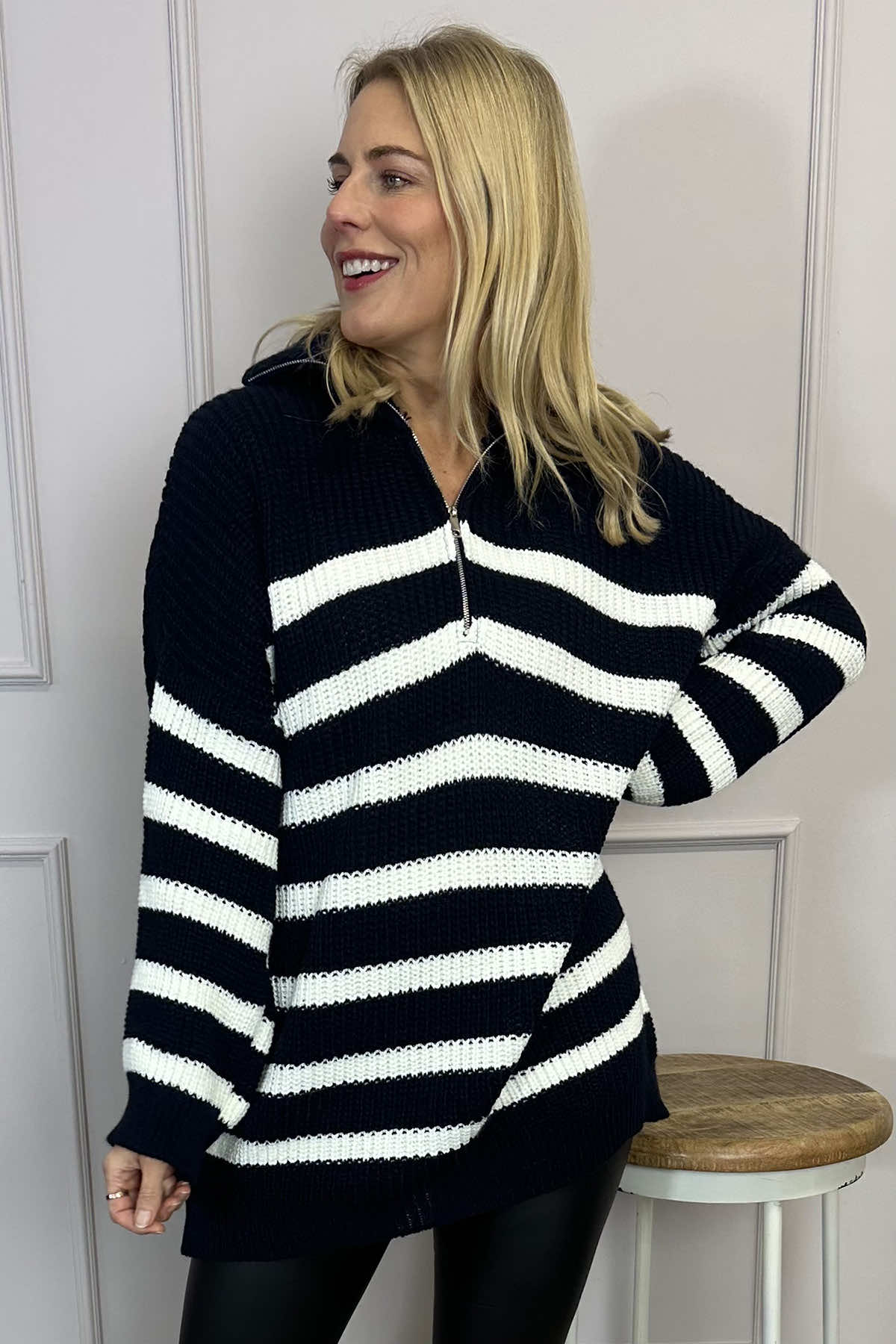 Elsa Stripe Quarter Zip Knitted Jumper Navy