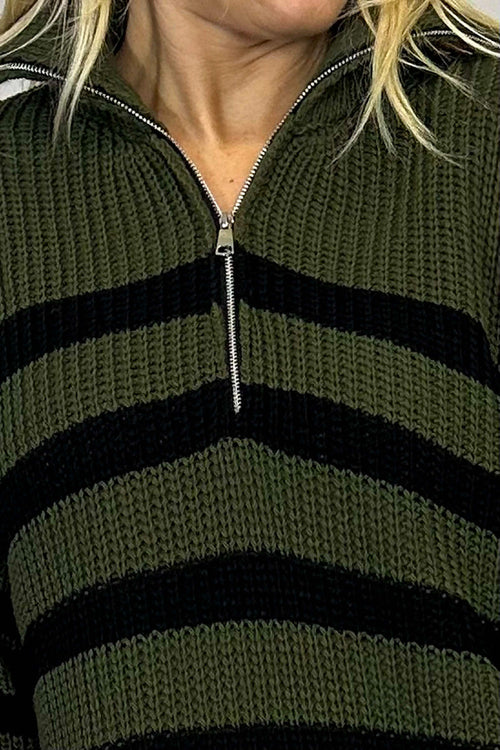 Elsa Stripe Quarter Zip Knitted Jumper Khaki - Image 3