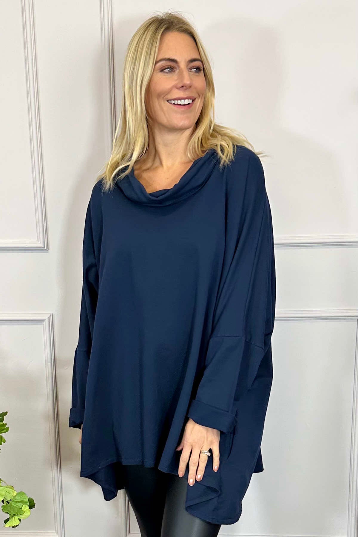 Amie Cowl Neck Cotton Top Navy