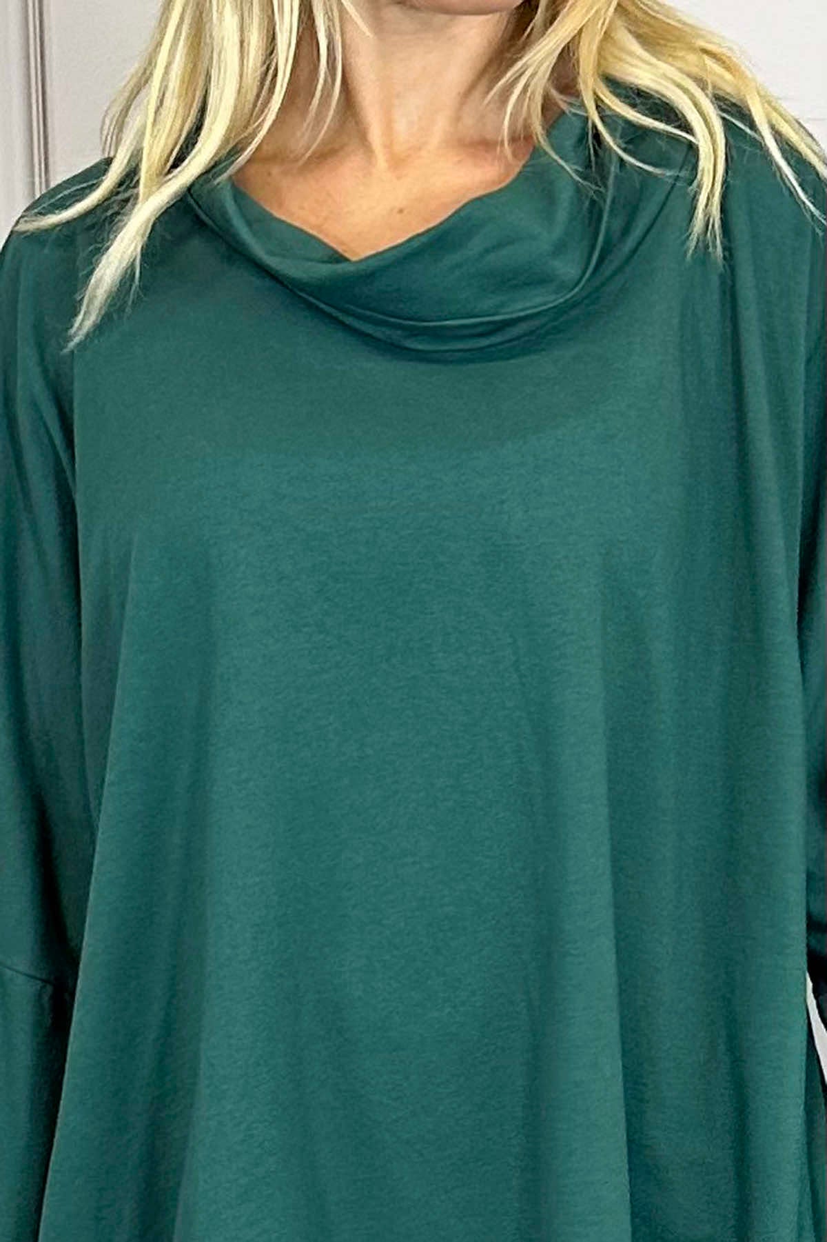 Amie Cowl Neck Cotton Top Bottle Green