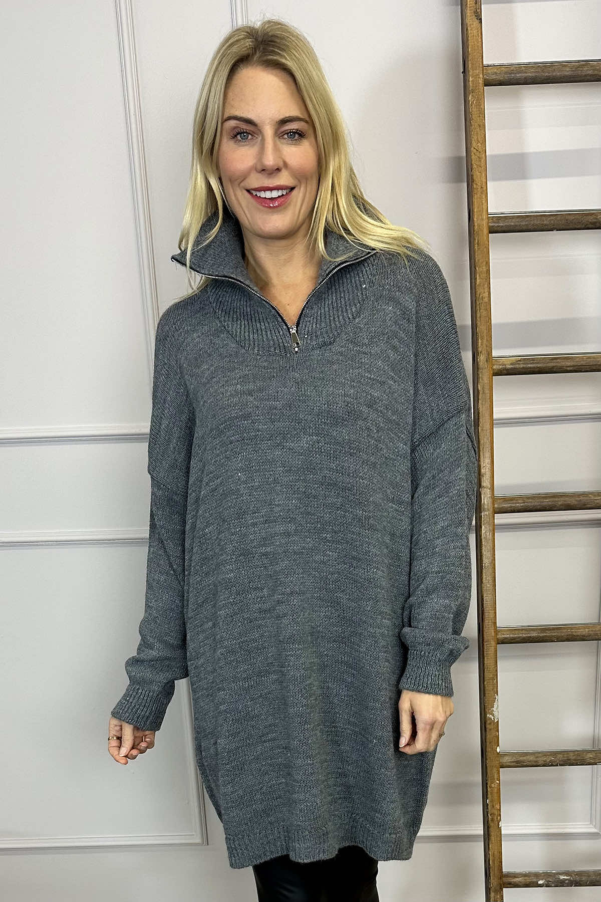 Blair Quarter Zip Knitted Tunic Mid Grey