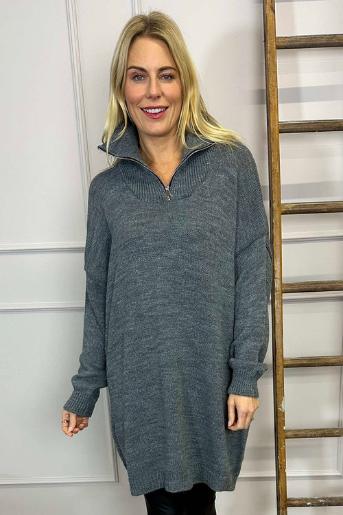 Blair Quarter Zip Knitted Tunic Mid Grey - Image 3