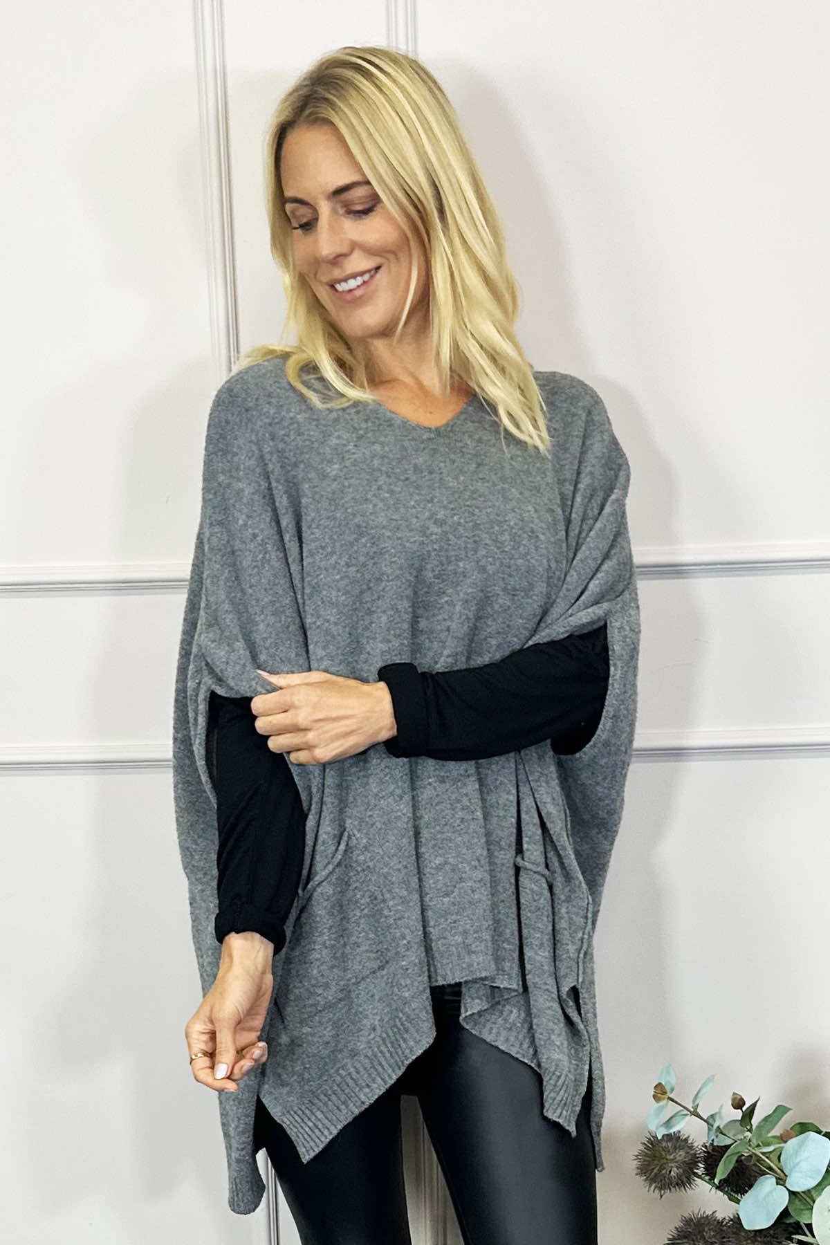 Ellie V-Neck Poncho Jumper Mid Grey