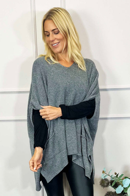 Ellie V-Neck Poncho Jumper Mid Grey - Image 3