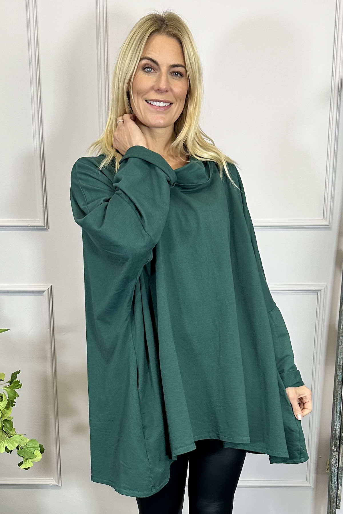 Amie Cowl Neck Cotton Top Bottle Green