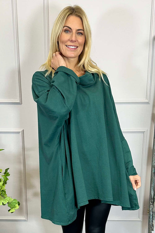 Amie Cowl Neck Cotton Top Bottle Green - Image 3