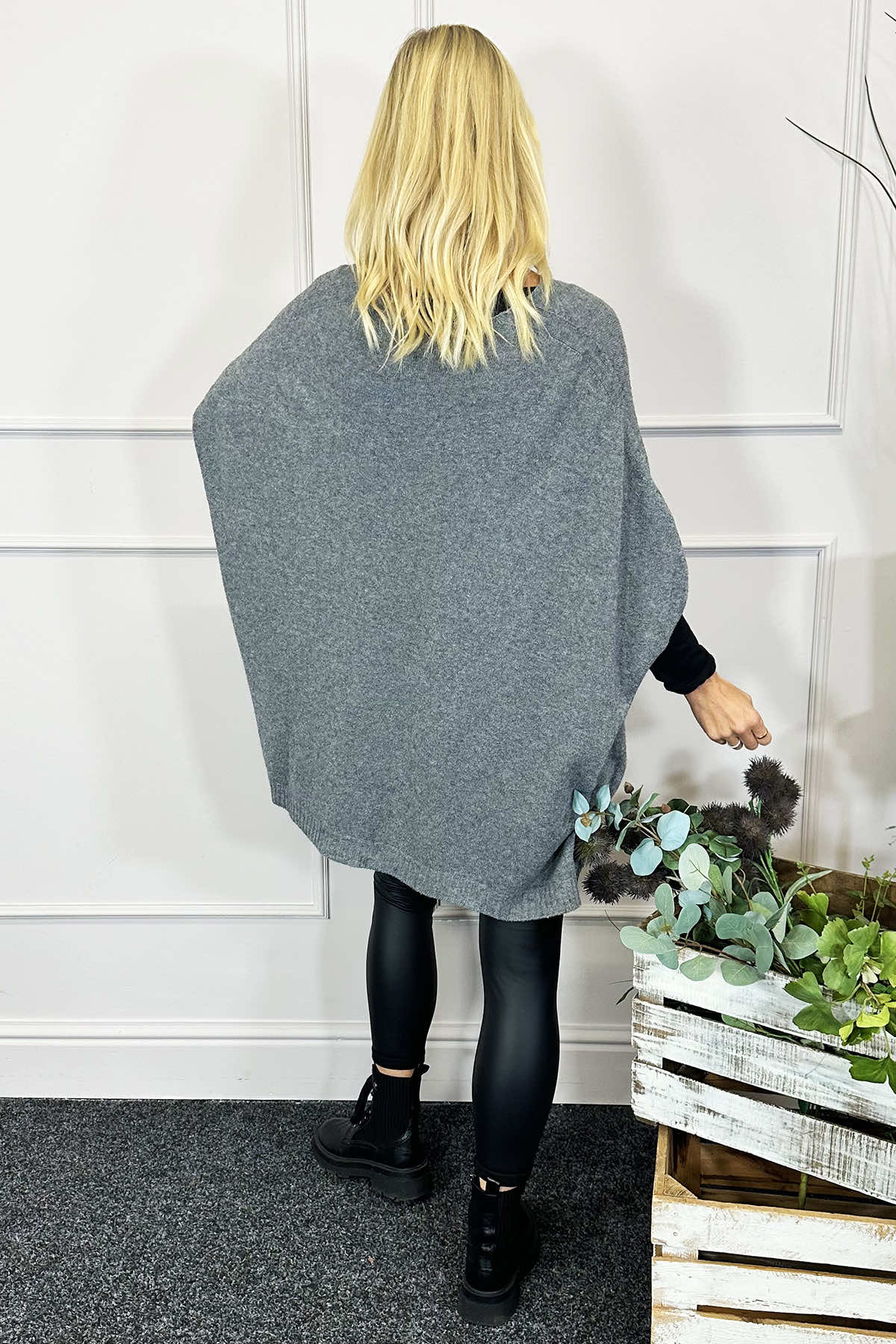 Ellie V-Neck Poncho Jumper Mid Grey