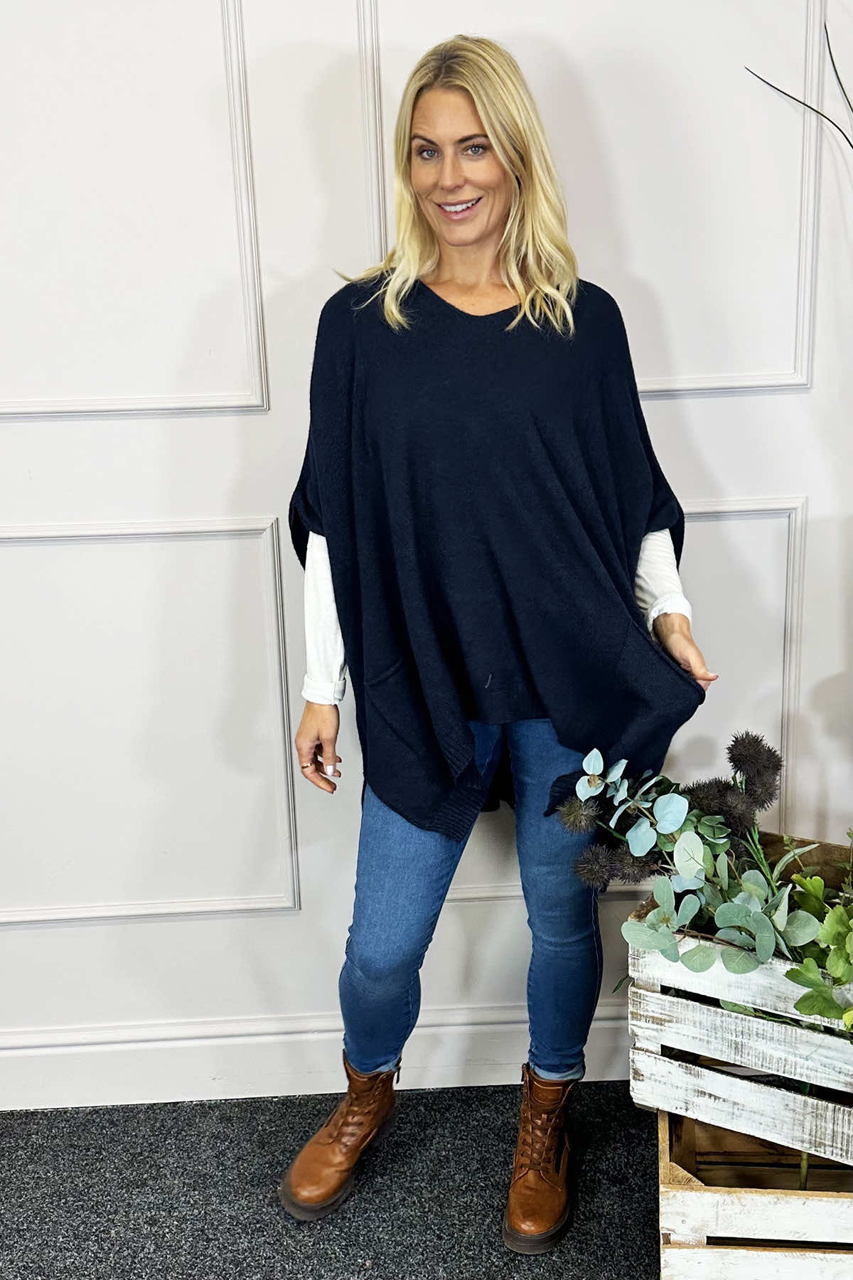 Ellie V-Neck Poncho Jumper Navy